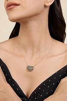 Gold Plated CZ Stone Black Enameled Heartbeat Pendant Necklace