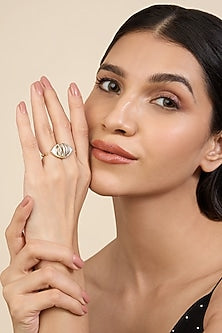 Gold Plated White CZ Stone Enameled Eyelet Two Finger Ring