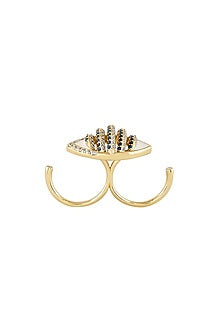 Gold Plated White CZ Stone Enameled Eyelet Two Finger Ring