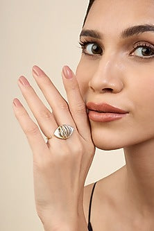 Gold Plated White CZ Stone Enameled Eyelet Two Finger Ring