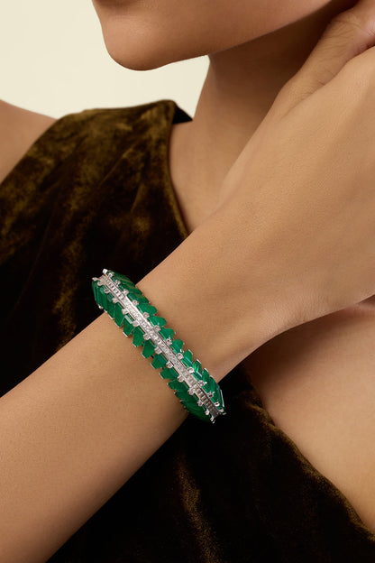 White Rhodium Finish Crystal Zirconia & Emerald Stone Cuff Bracelet