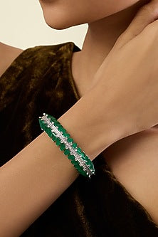 White Rhodium Finish Crystal Zirconia & Emerald Stone Cuff Bracelet