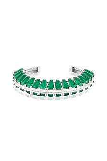White Rhodium Finish Crystal Zirconia & Emerald Stone Cuff Bracelet
