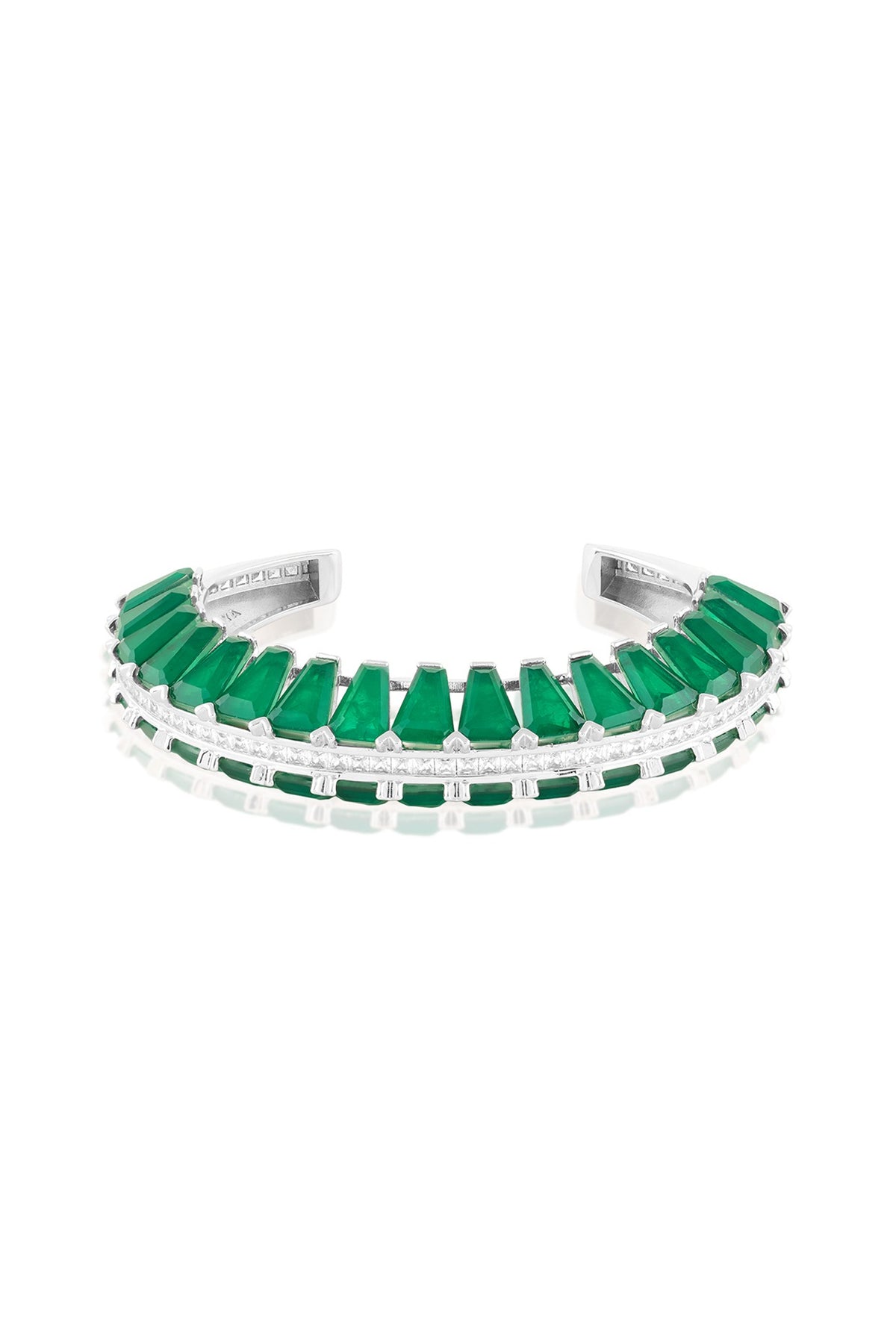 White Rhodium Finish Crystal Zirconia & Emerald Stone Cuff Bracelet