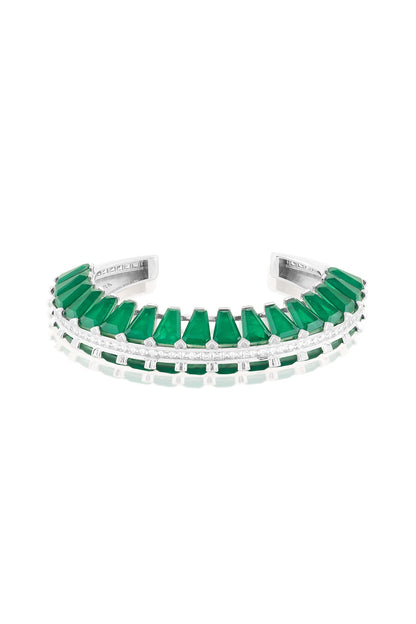 White Rhodium Finish Crystal Zirconia & Emerald Stone Cuff Bracelet