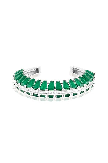 White Rhodium Finish Crystal Zirconia & Emerald Stone Cuff Bracelet