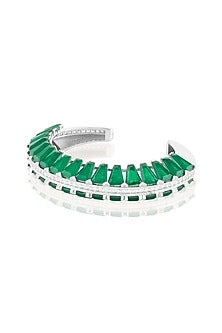 White Rhodium Finish Crystal Zirconia & Emerald Stone Cuff Bracelet