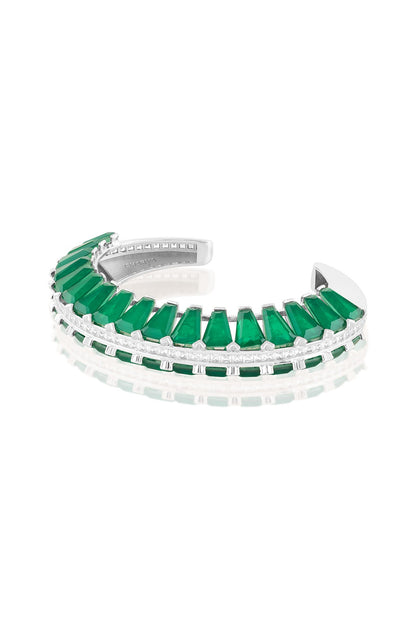 White Rhodium Finish Crystal Zirconia & Emerald Stone Cuff Bracelet