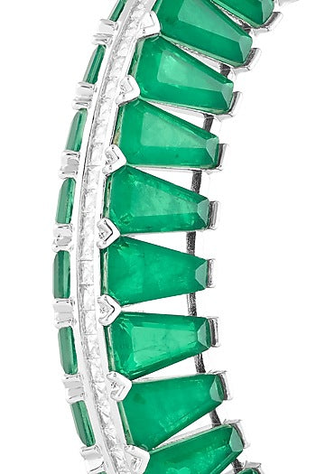White Rhodium Finish Crystal Zirconia & Emerald Stone Cuff Bracelet