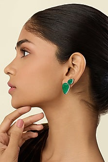 White Rhodium Finish Green Stone Stud Earrings