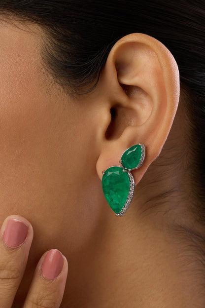 White Rhodium Finish Green Stone Stud Earrings