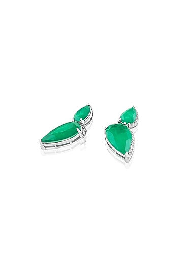White Rhodium Finish Green Stone Stud Earrings