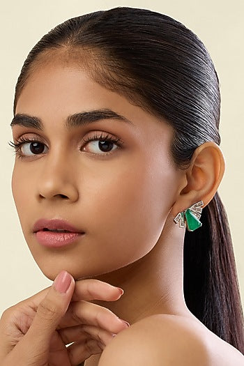 White Rhodium Finish Green Stone & Crystal Zirconia Stud Earrings