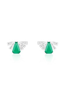 White Rhodium Finish Green Stone & Crystal Zirconia Stud Earrings