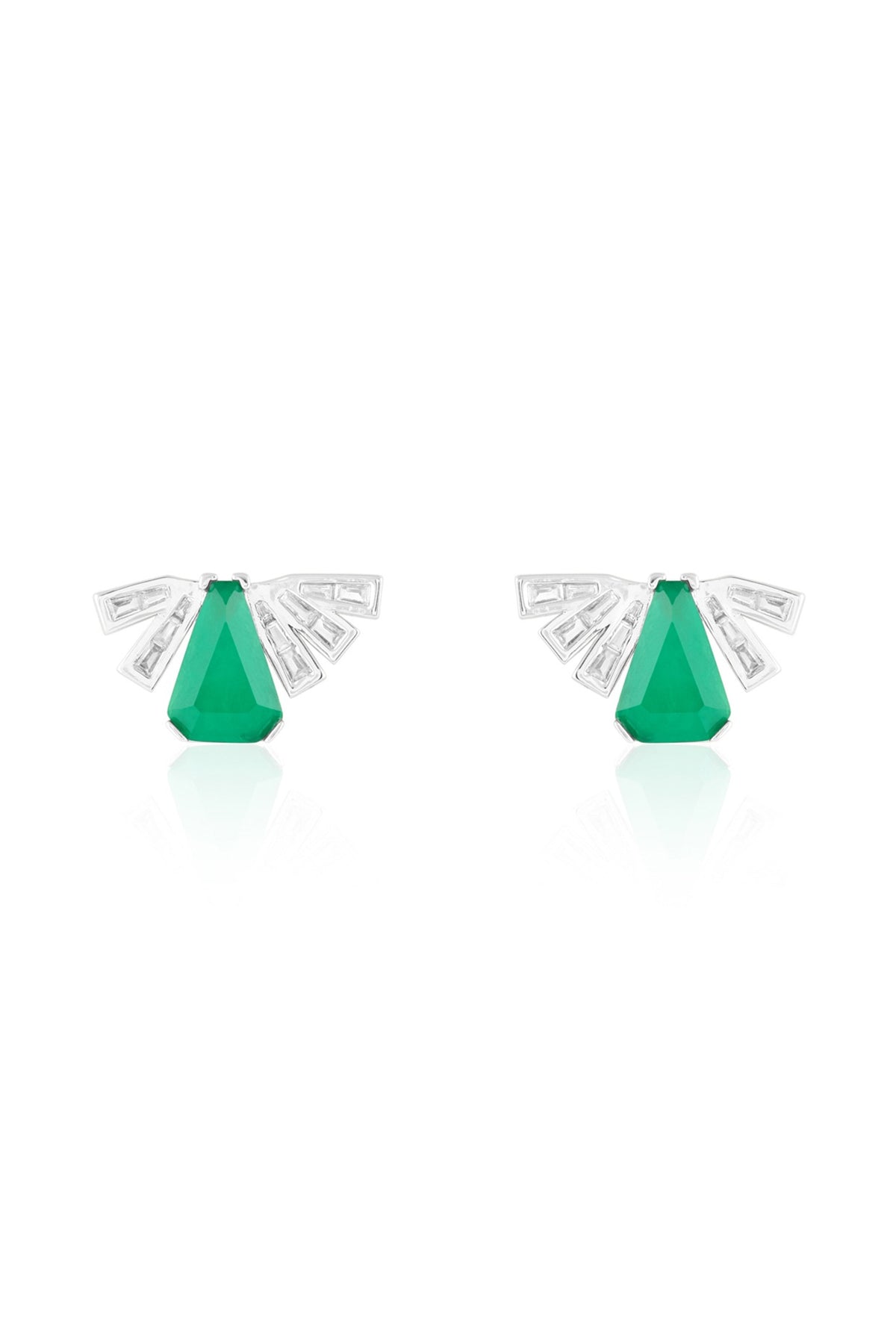White Rhodium Finish Green Stone & Crystal Zirconia Stud Earrings