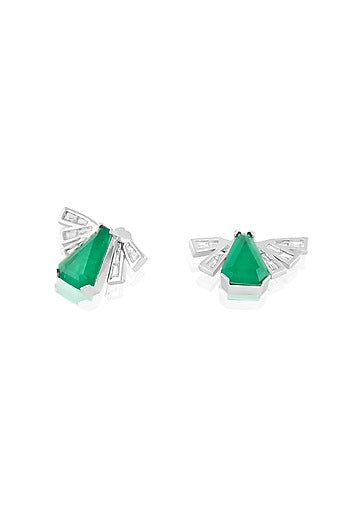 White Rhodium Finish Green Stone & Crystal Zirconia Stud Earrings