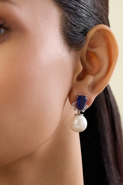 White Rhodium Finish Crystal Zirconia & Sapphire Stone Dangler Earrings