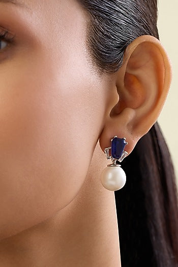 White Rhodium Finish Crystal Zirconia & Sapphire Stone Dangler Earrings