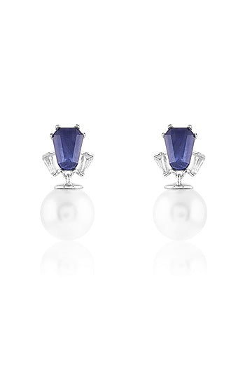 White Rhodium Finish Crystal Zirconia & Sapphire Stone Dangler Earrings