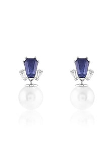 White Rhodium Finish Crystal Zirconia & Sapphire Stone Dangler Earrings