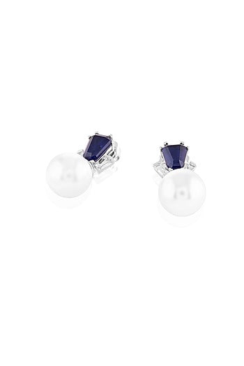 White Rhodium Finish Crystal Zirconia & Sapphire Stone Dangler Earrings