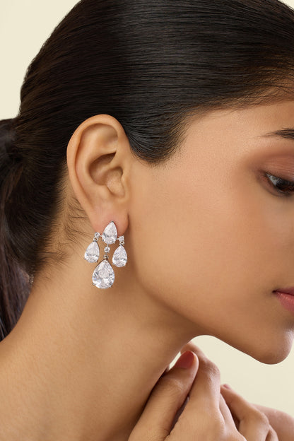 White Rhodium Finish Crystal Zirconia Dangler Earrings