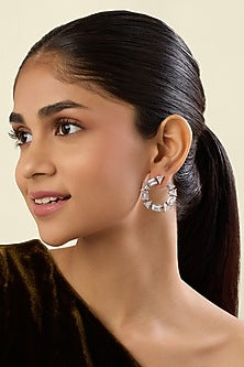 White Rhodium Finish Crystal Zirconia Hoop Earrings