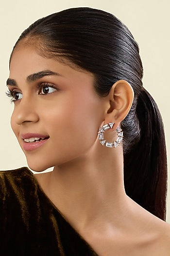 White Rhodium Finish Crystal Zirconia Hoop Earrings