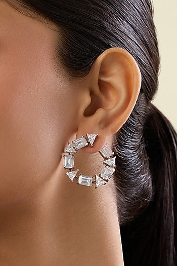 White Rhodium Finish Crystal Zirconia Hoop Earrings