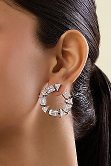 White Rhodium Finish Crystal Zirconia Hoop Earrings
