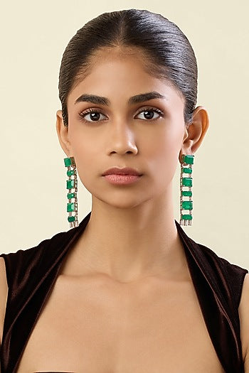 White Rhodium Finish Crystal Zirconia & Emerald Stone Dangler Earrings