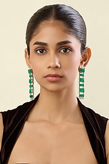 White Rhodium Finish Crystal Zirconia & Emerald Stone Dangler Earrings
