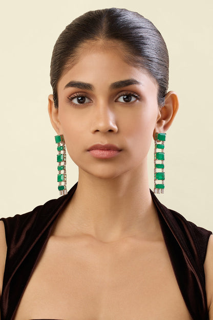 White Rhodium Finish Crystal Zirconia & Emerald Stone Dangler Earrings