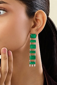 White Rhodium Finish Crystal Zirconia & Emerald Stone Dangler Earrings