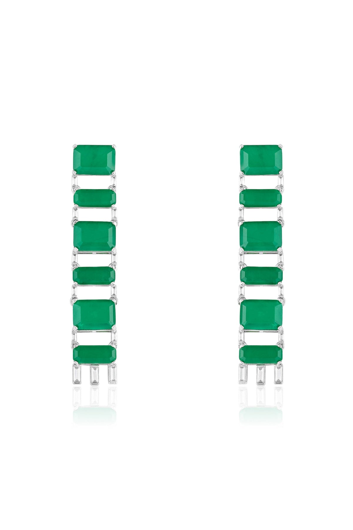 White Rhodium Finish Crystal Zirconia & Emerald Stone Dangler Earrings
