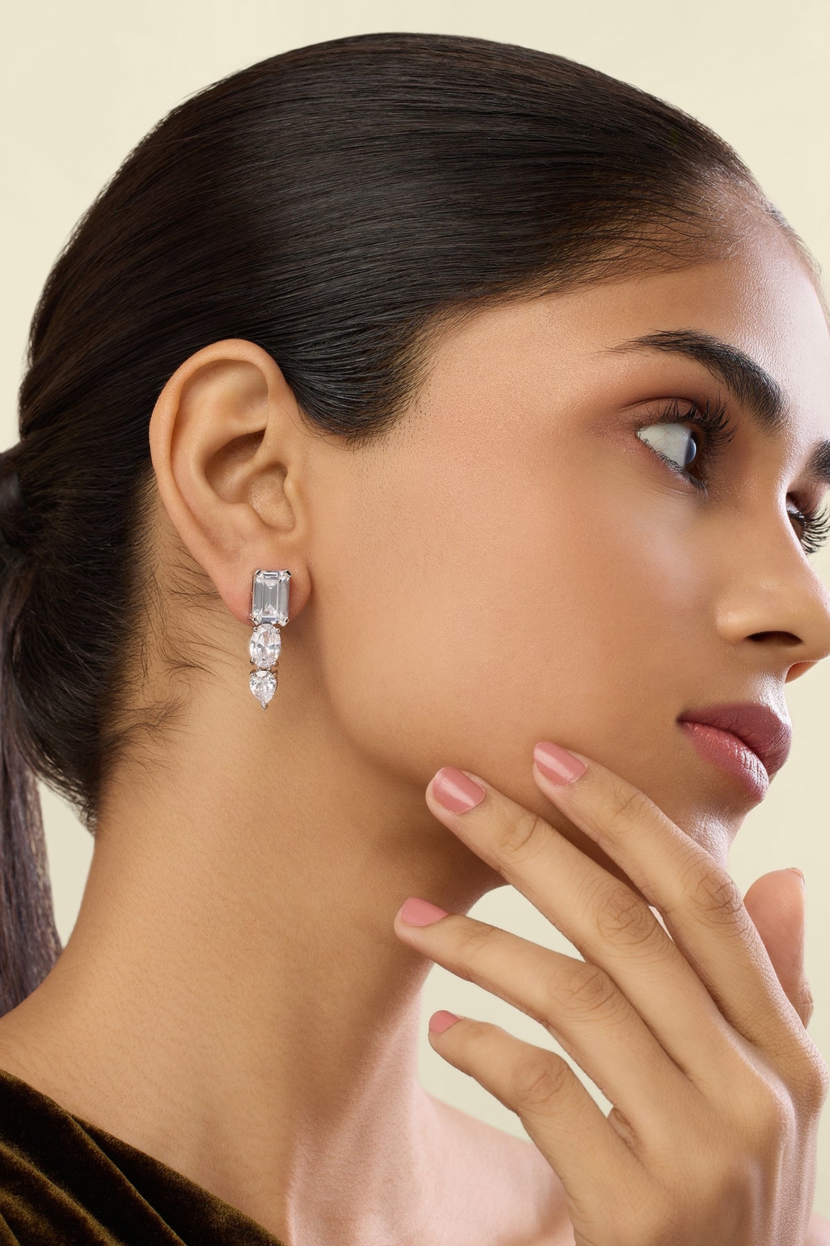 White Rhodium Finish Crystal Zirconia Dangler Earrings