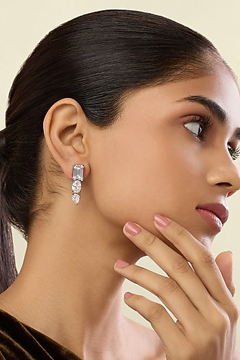 White Rhodium Finish Crystal Zirconia Dangler Earrings