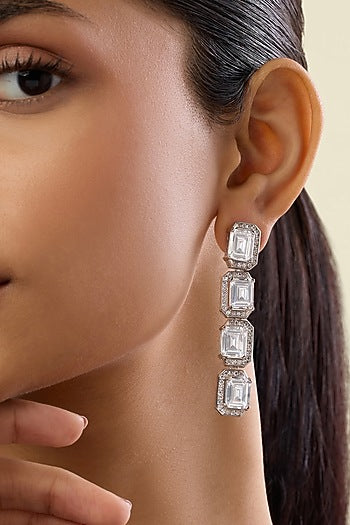 White Rhodium Finish Crystal Zirconia Dangler Earrings