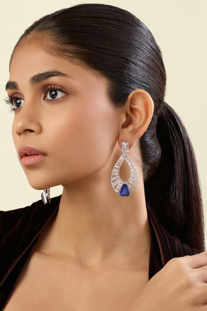 White Rhodium Finish Crystal Zirconia & Sapphire Stone Dangler Earrings
