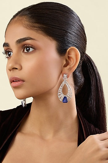 White Rhodium Finish Crystal Zirconia & Sapphire Stone Dangler Earrings