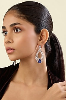 White Rhodium Finish Crystal Zirconia & Sapphire Stone Dangler Earrings