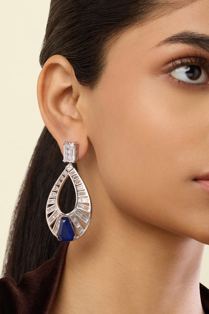 White Rhodium Finish Crystal Zirconia & Sapphire Stone Dangler Earrings