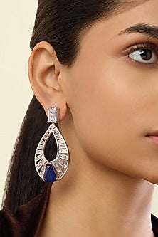White Rhodium Finish Crystal Zirconia & Sapphire Stone Dangler Earrings
