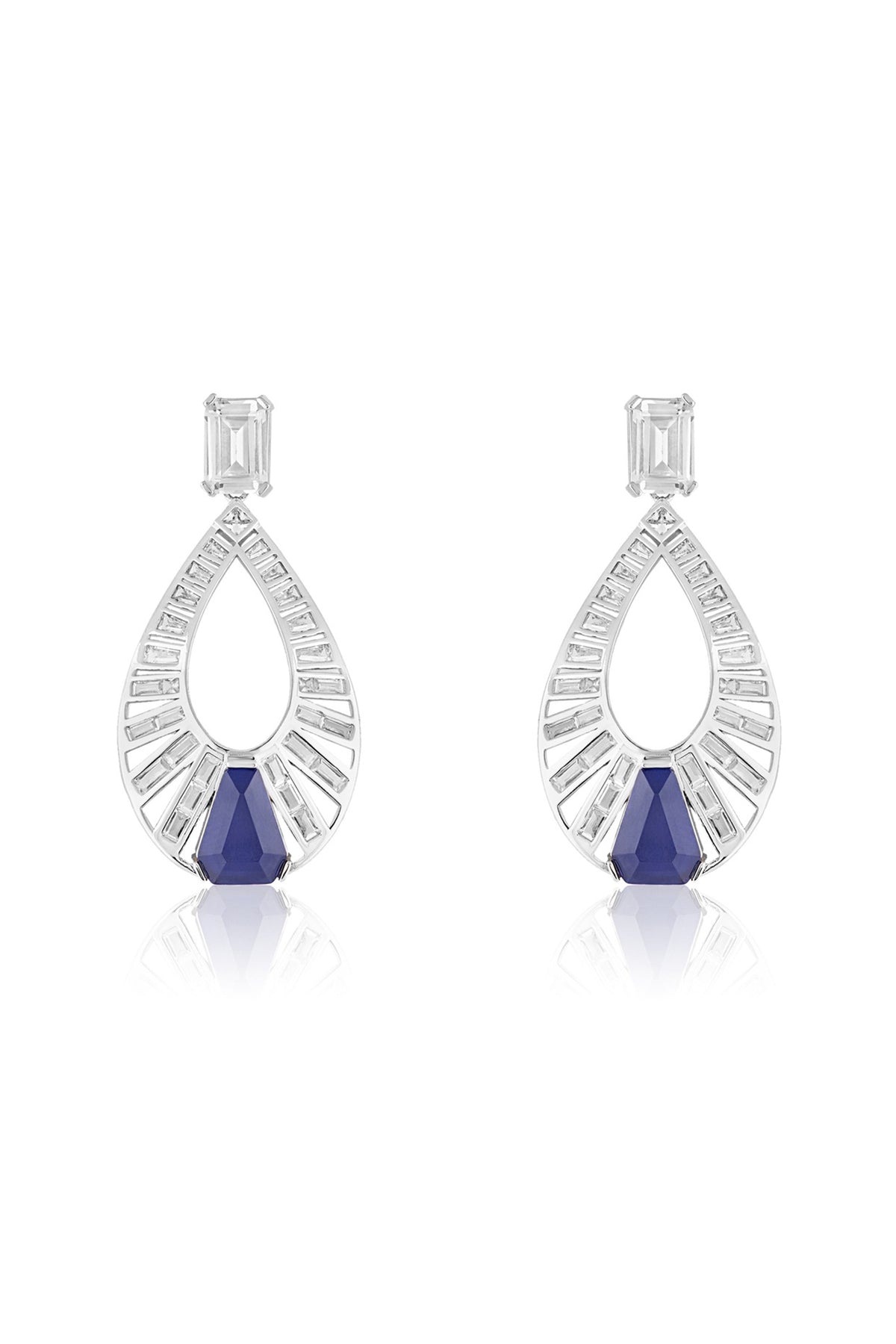 White Rhodium Finish Crystal Zirconia & Sapphire Stone Dangler Earrings