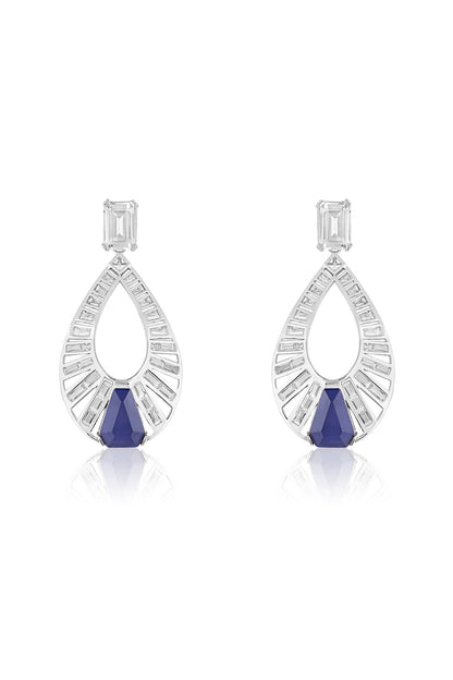 White Rhodium Finish Crystal Zirconia & Sapphire Stone Dangler Earrings