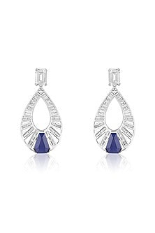 White Rhodium Finish Crystal Zirconia & Sapphire Stone Dangler Earrings