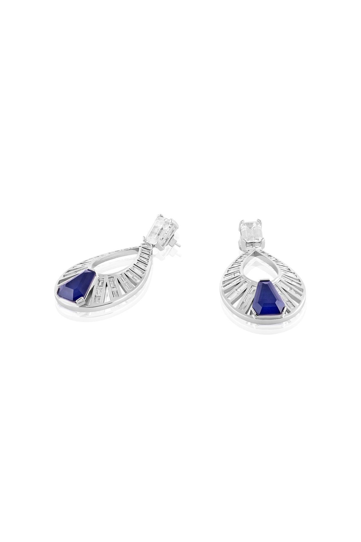 White Rhodium Finish Crystal Zirconia & Sapphire Stone Dangler Earrings