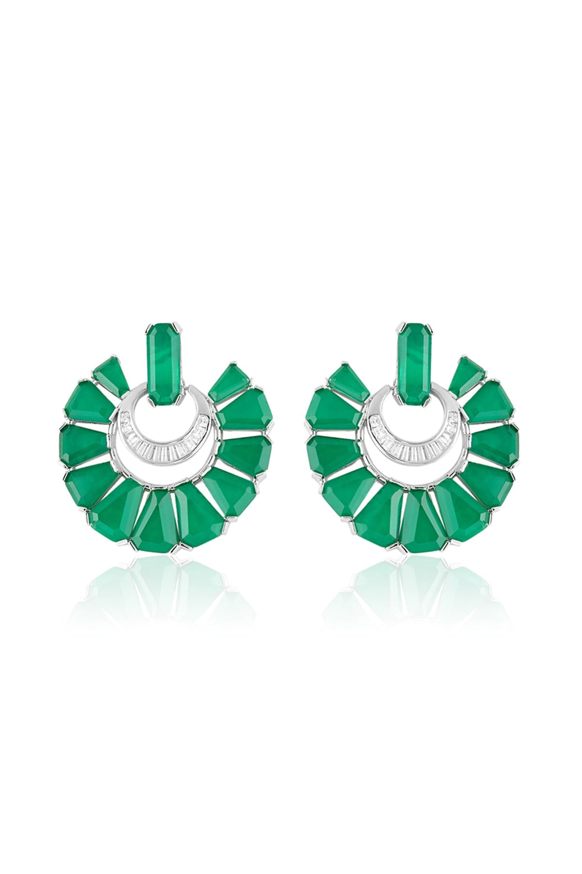 White Rhodium Finish Crystal Zirconia & Emerald Stone Dangler Earrings