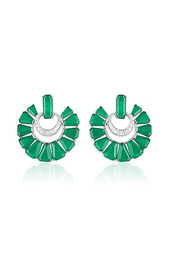 White Rhodium Finish Crystal Zirconia & Emerald Stone Dangler Earrings