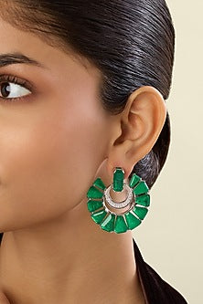 White Rhodium Finish Crystal Zirconia & Emerald Stone Dangler Earrings